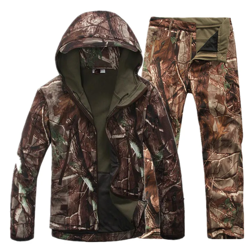 Outdoor softsell military camouflage suit men's tactical waterproof jacket For Hunting Hiking fishing fleece jacket pants