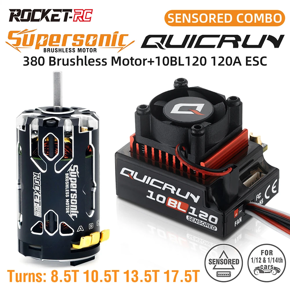 Hobbywing 10BL120 120A ESC w/Rocket-RC Supersonic 380 8.5T 10.5T 13.5T 17.5T Motor Sensored Brushless Combo for 1/12 1/14 RC Car