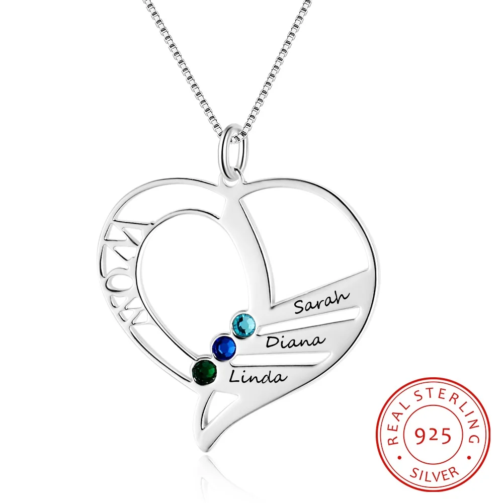 

Personalized Engraved Mom Necklace with 3 Birthstones 925 Sterling Silver Heart Pendant Necklaces for Women Mother's Day Gift