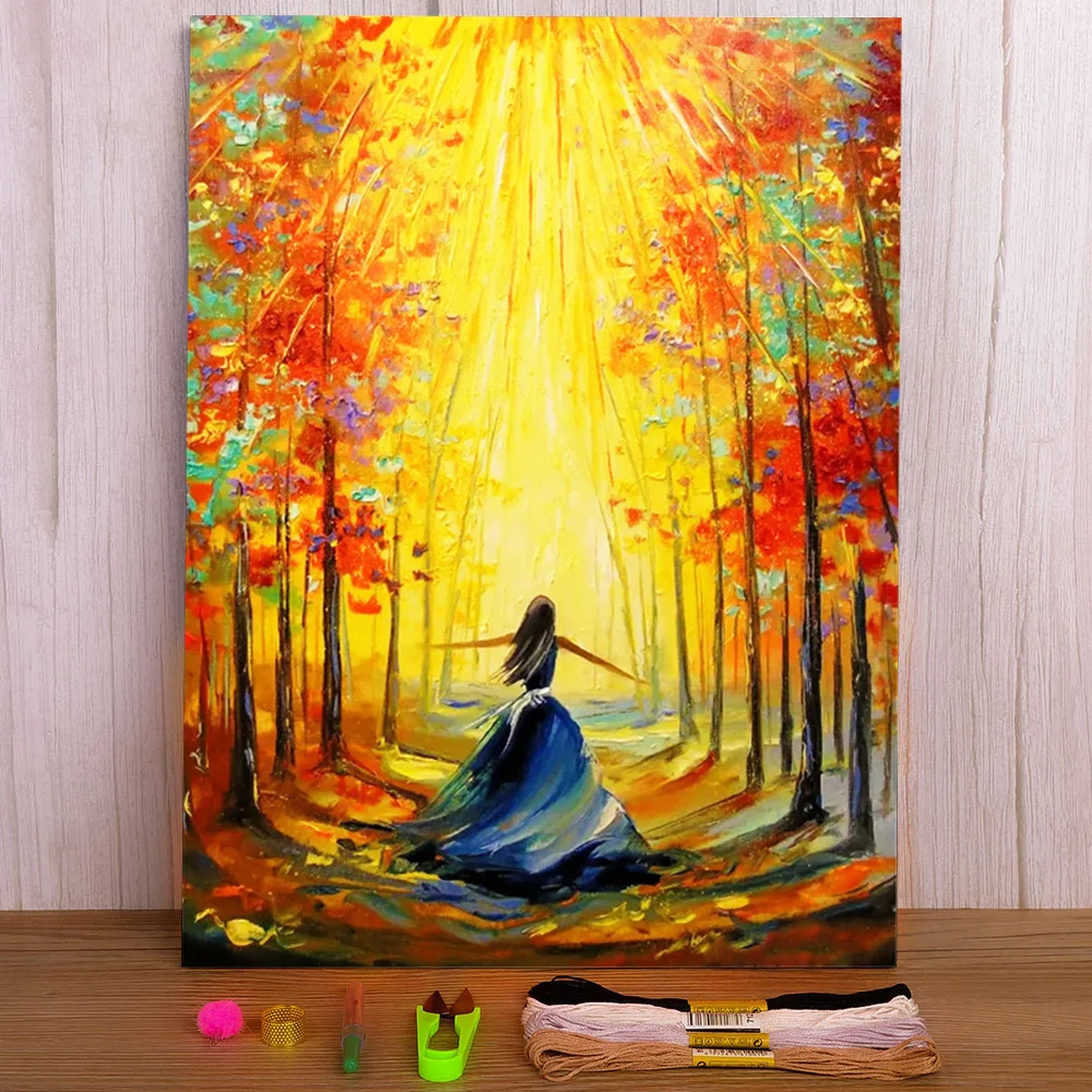 

Woman Umbrella Printed Water-Soluble Canvas 11CT Cross Stitch Full Kit DIY Embroidery DMC Threads Knitting Sewing Counted