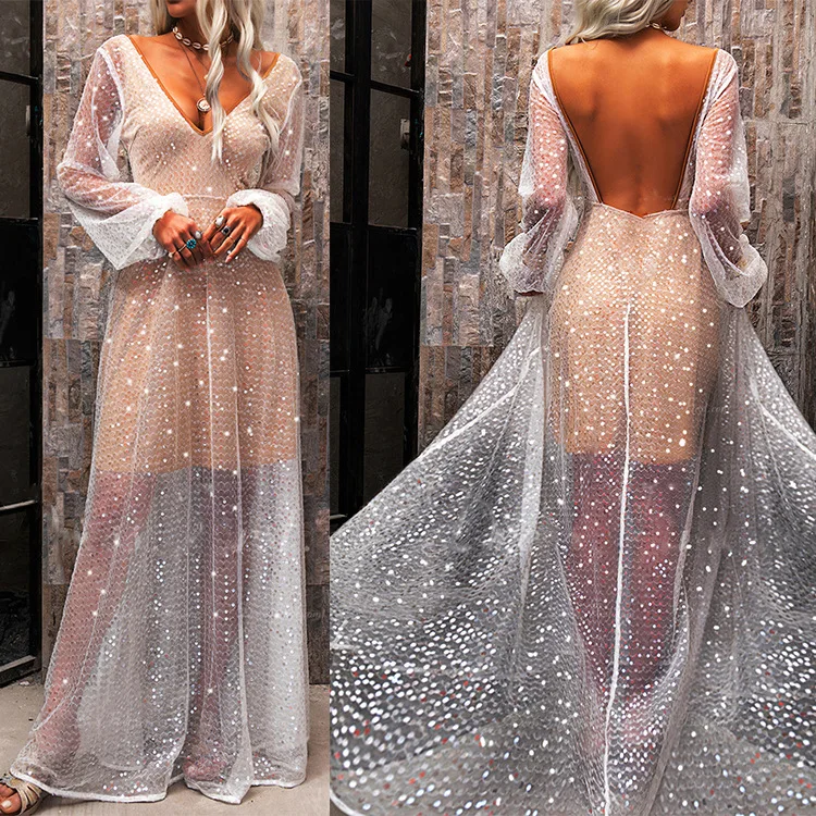 

WEPBEL Women's Sexy Long Sleeve Sequins Mesh Stitching Dress Spring Summer Elegant V-neck Backless High Waist Party Formal Dress