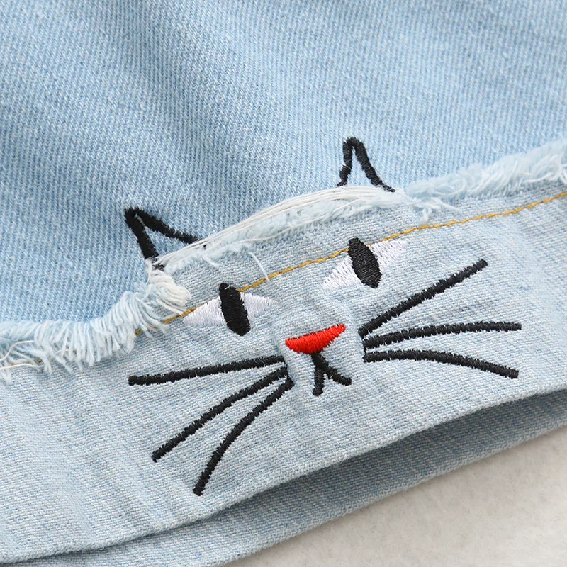 

2021 Summer Female Elastic Waist Short Jeans Cartoon Cat Embroidery New Denim Shorts High Waist Cotton Casual Women's Clothing