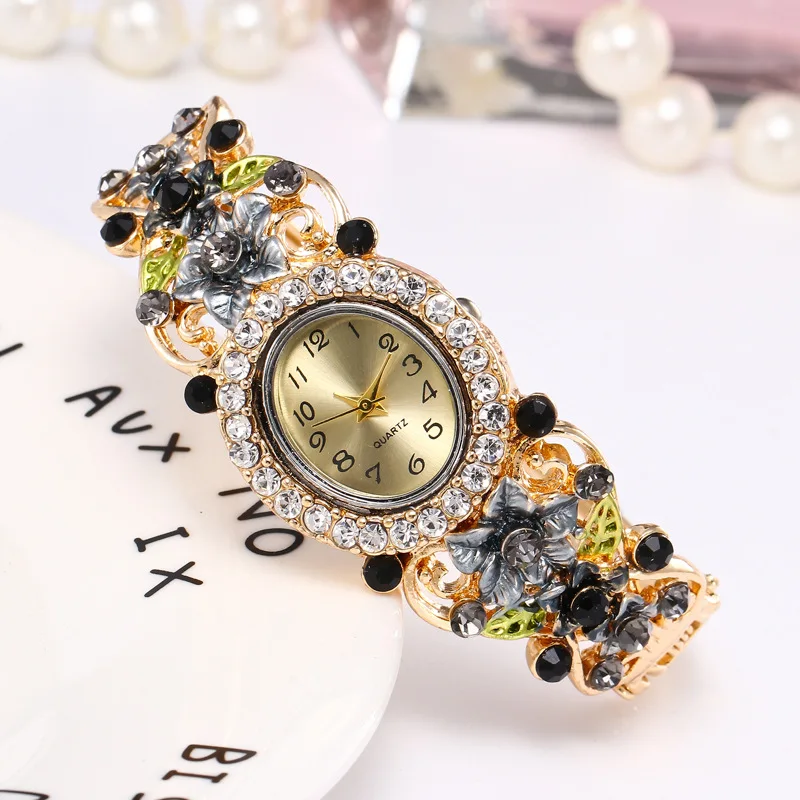 Элегантные часы с браслетом женские роскошные браслет цветами из кристаллов