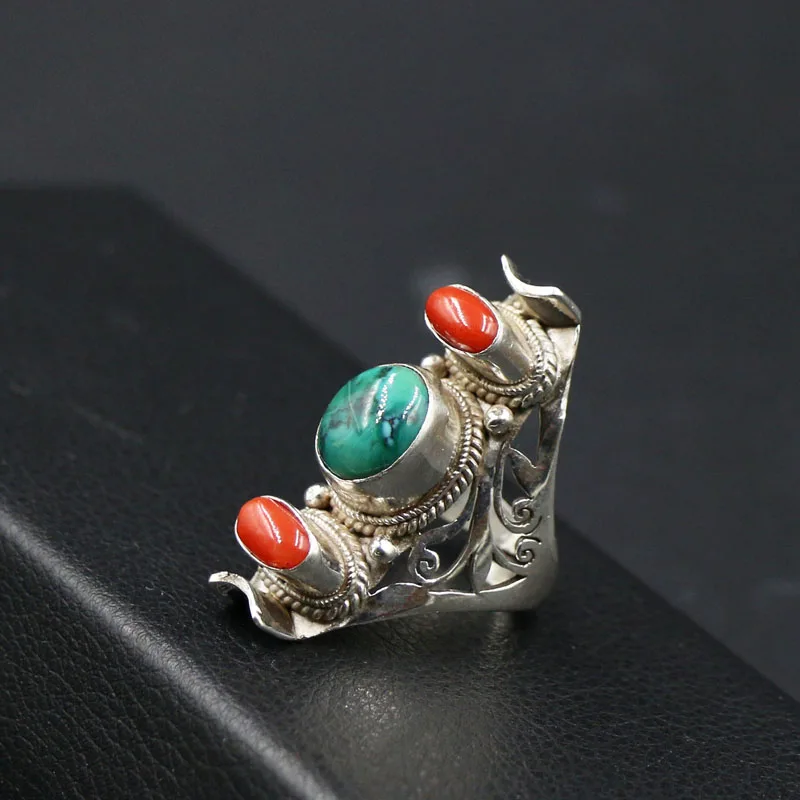 

Nepal Ornament Handmade 925 Silver Turquoise Ring Men and Women Opening Ring Saddle Personality Retro Ethnic Style