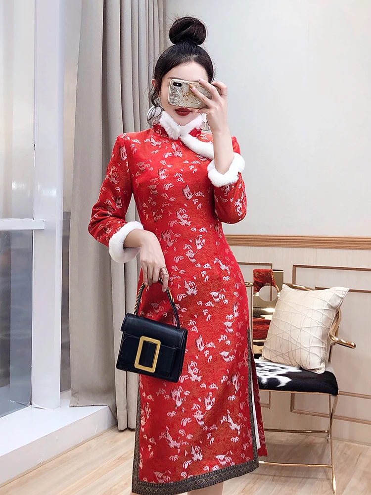 

Tang dress women's winter dress thickened cotton padded jacket new women's red Chinese style improved dress