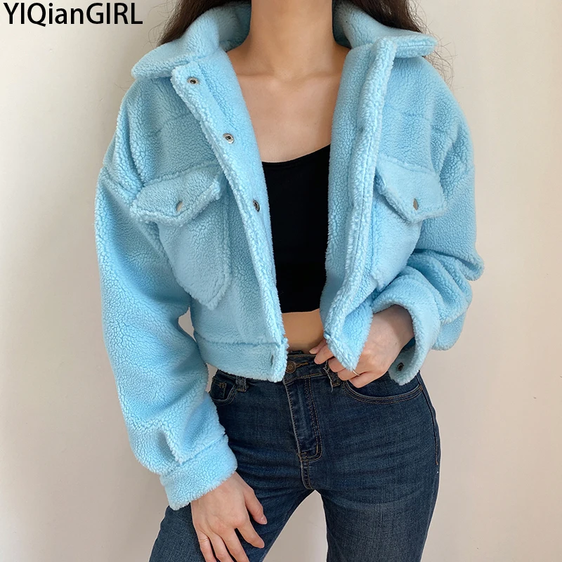 

Za Fashion Casual Women's Lapel Lamb Hair Short Coat Wool Fleece Fluffy Warm Short Coat Coat Single-Breasted Coat