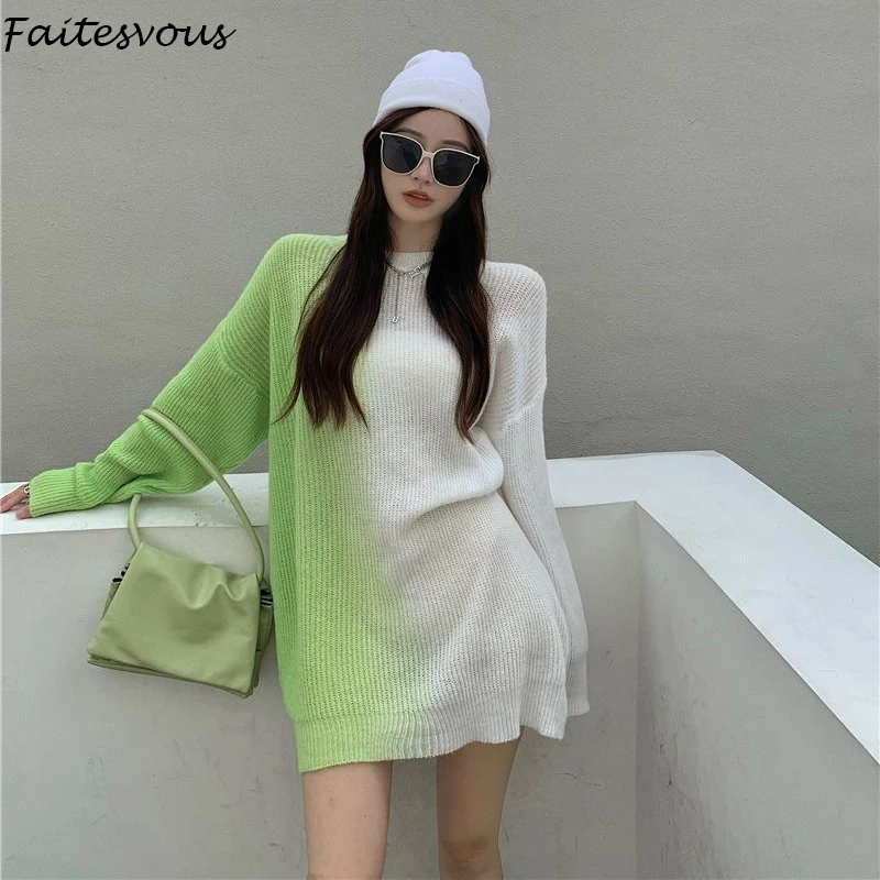 

Autumn Knitted Long Sleeve Tops Women New Gradient Tie Dye Green Sweater Korean Fashion Loose Round Neck Pullovers Female