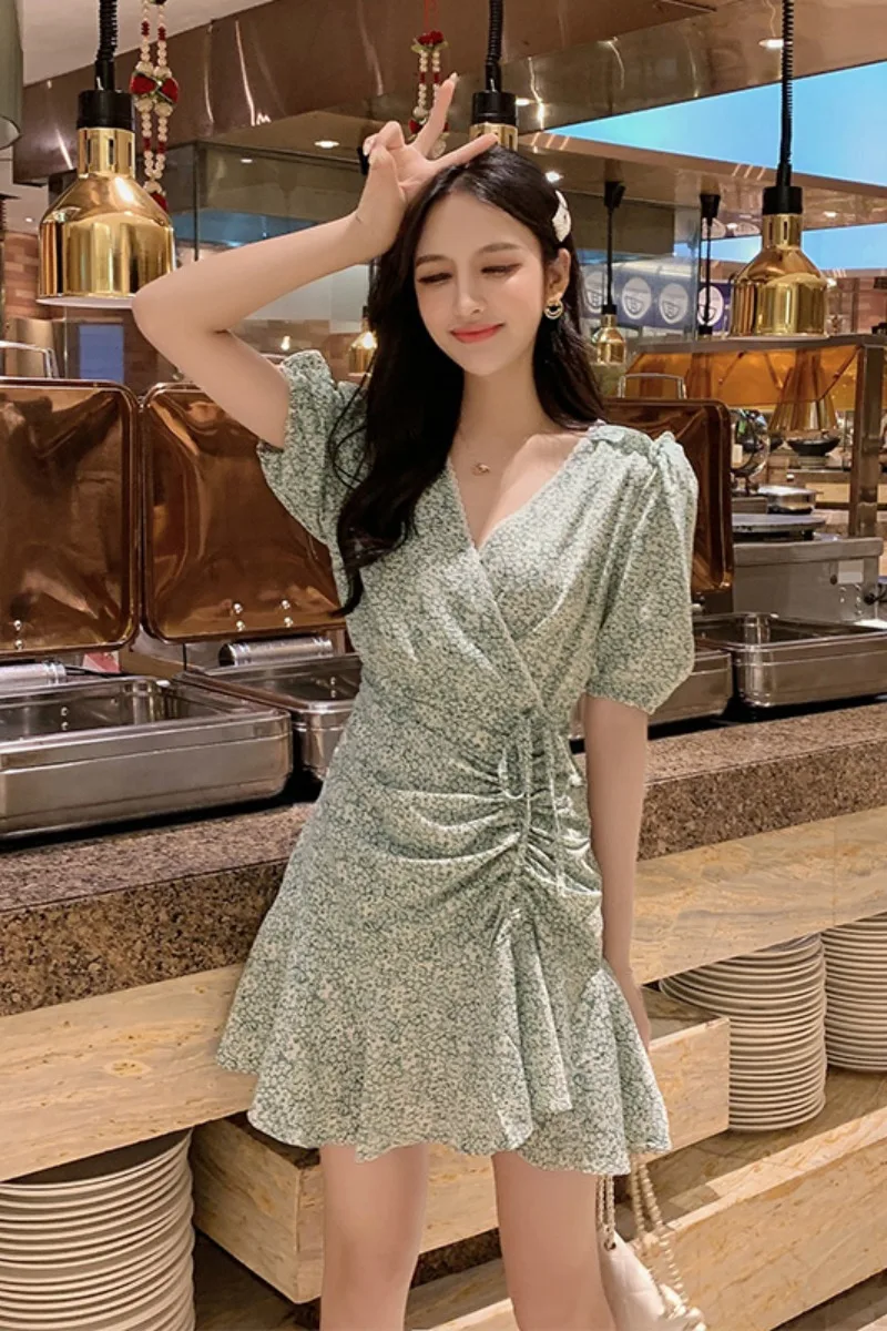 

Popular fairy dress 2021 new summer sweet super fairy waist show thin Floral Chiffon dress women's net red