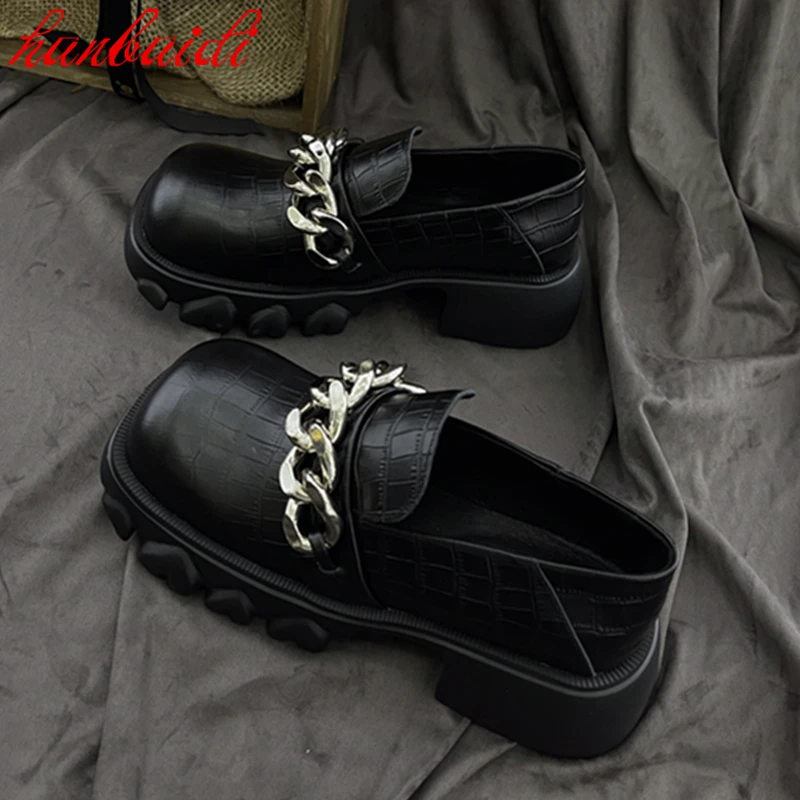 

New Style Women Shoes Solid Slip On Vulcanized Shoes Square Heels Height Increasing Casual Shose Metal Decoration Leather Shose