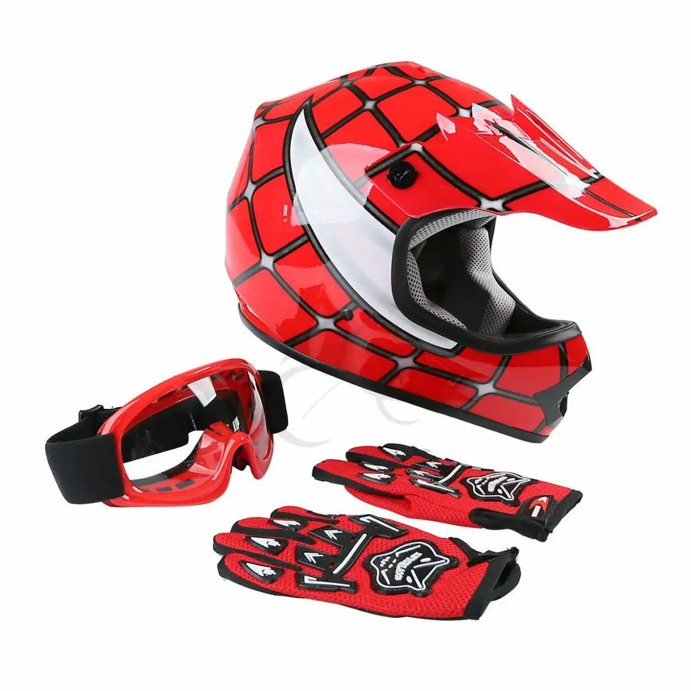 Motorcycle DOT Youth Kids Cycling Helmet Red Spider Net Motocross Off-Road Sports Safety Goggles+Gloves Equipment | Автомобили и