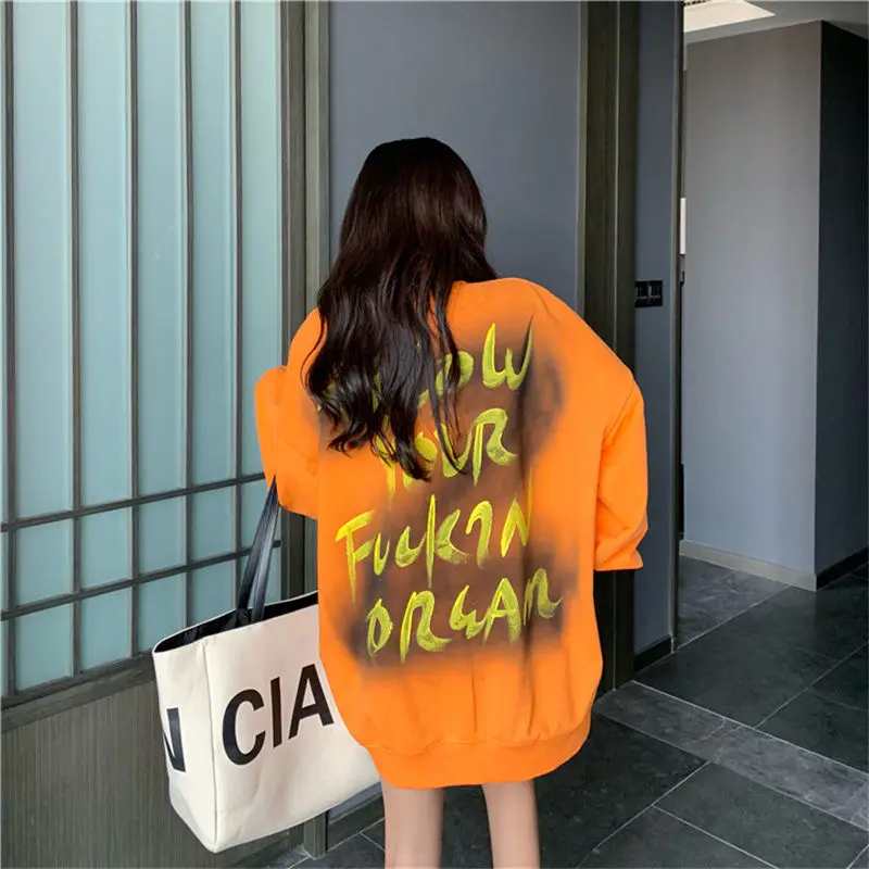 

Korean Oversize Long Sweatshirt Tops Women 2020 Fashion Letter Print Long Sleeve Loose Thin Sweatshirts Schoolgirl Clothes