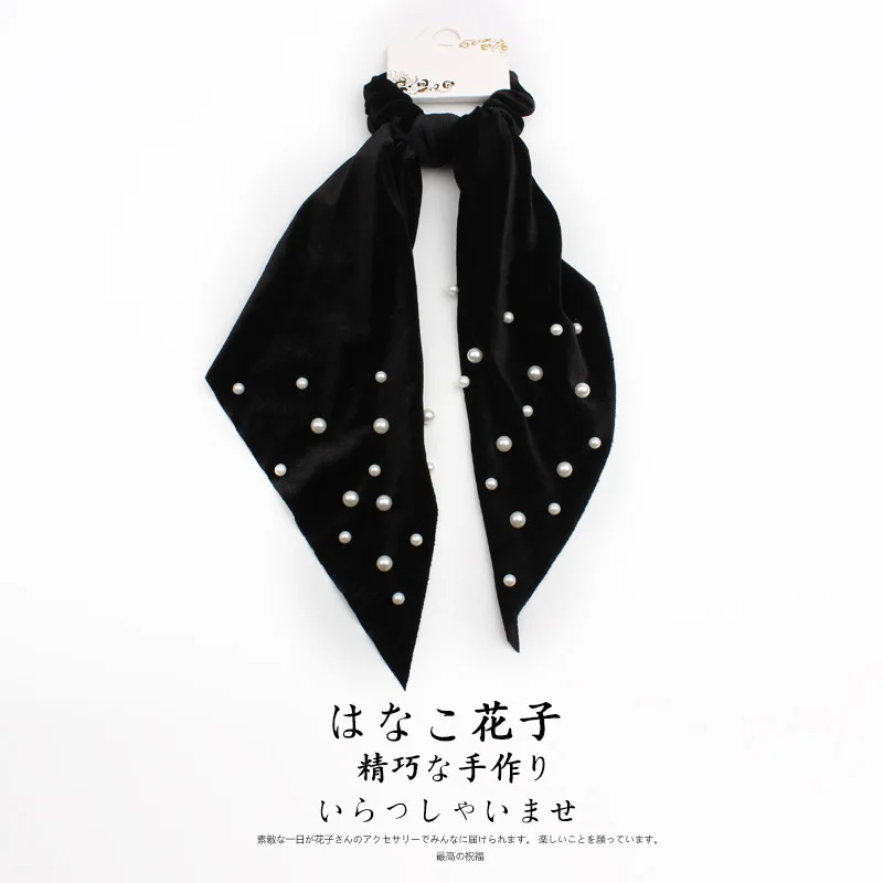 Elegant Velvet Ribbon Scrunchies Pearl Hair Ring Woman Hair Accessories Streamer Hair Ring Ladies Hair Ties Girls Rubber Band