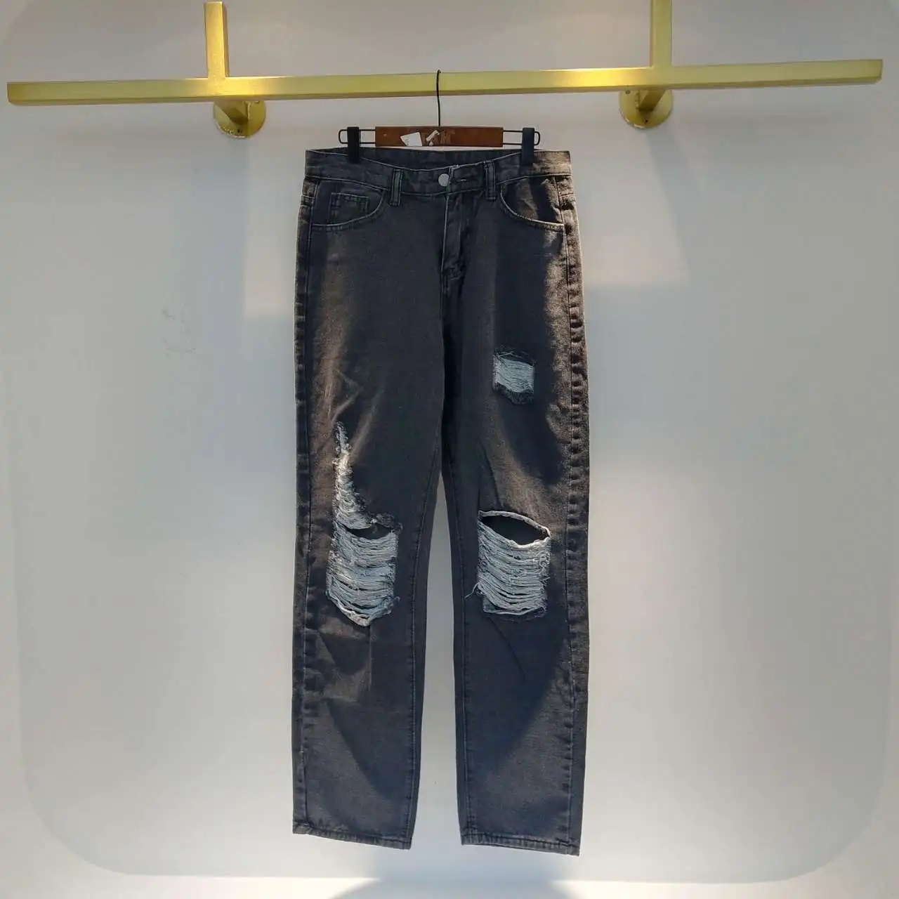 

SHENGPALAE Irregular Hole Jeans Women's Spring 2021 New High Waist Straight Tube Streetwear Gray Denim Pants Female Trendy 5A119