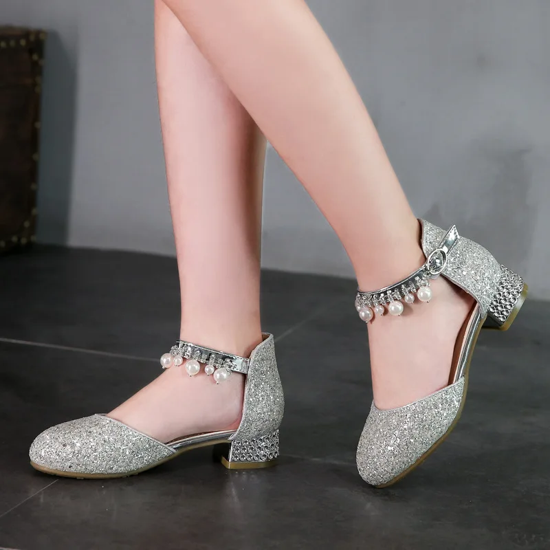 

kids shoes Shoe girl Princess Leather Shoes For Girls Flower Glitter Children High Heel Girls Shoes Pink Silver sandals kids