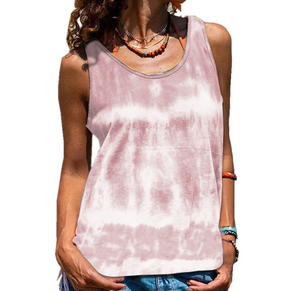 

Women Tie-dye Print Tank Tops Summer Sleeveless Sexy O-Neck Loose Tank Casual Camisole Female Plus Size Pink Daily Work Vest D30
