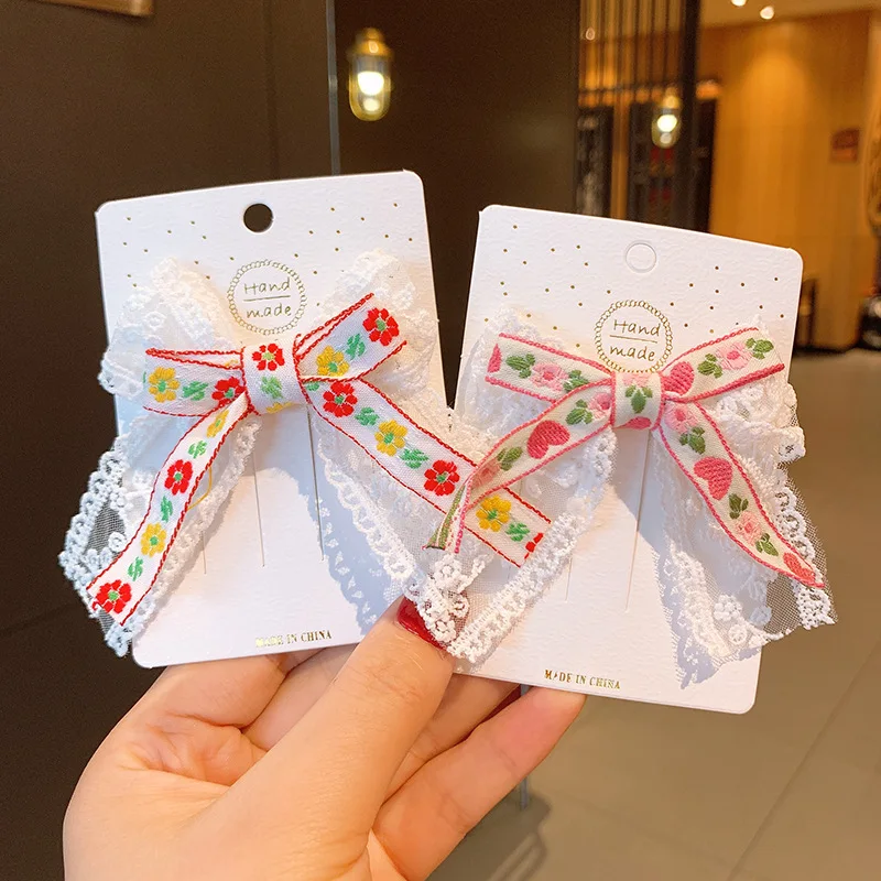 

Ethnic Style Lace Embroidery Hairclips Hairpin Barrettes Children Sweet Bow Knot Hair Clip Lovely Flowers Baby Girl Accessories