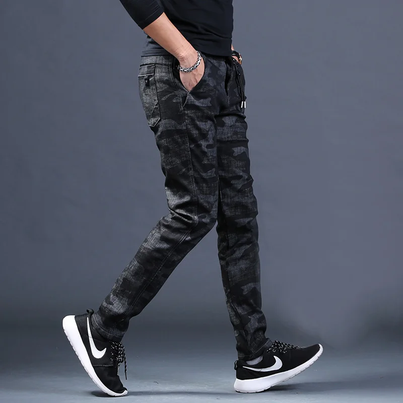 Men Jeans Summer Camouflage Black Pants Fashion Slim Fit Stretch Denim Trousers