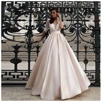 lorie champagne wedding dresses 2019 with pocket vestido de novia satin half sleeves bridal gowns floor length wedding gown