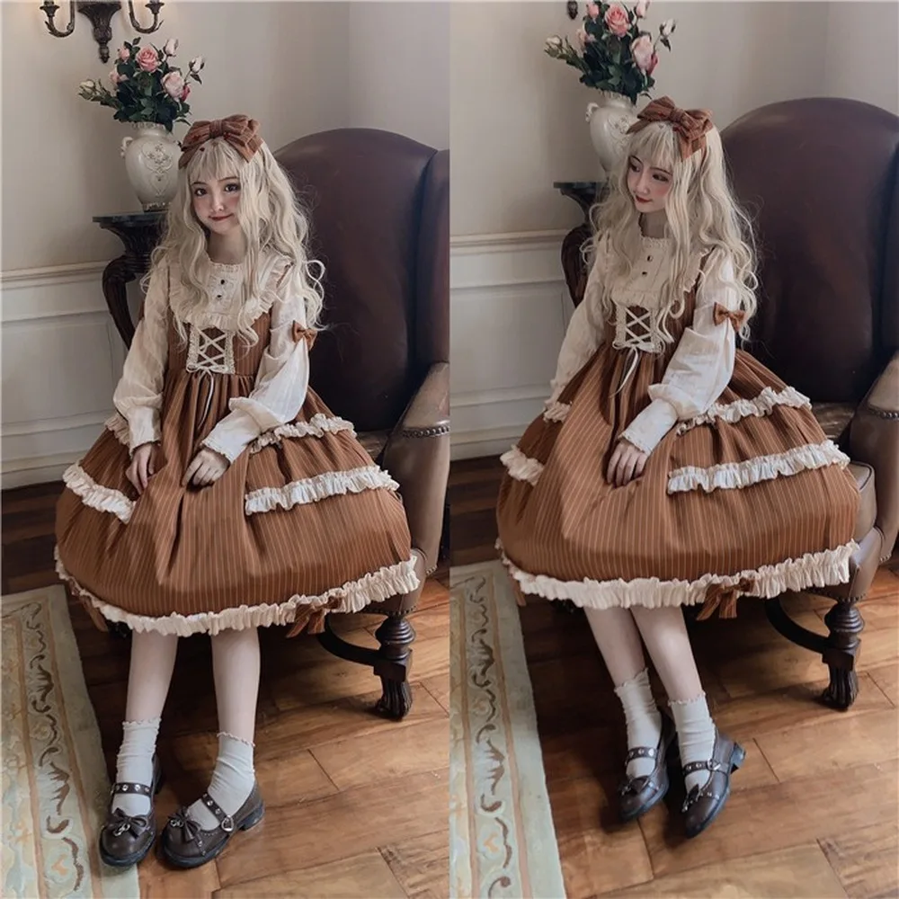 

Palace Princess Sweet Lolita Dress Vintage Falbala Bowknot Fake Two Pieces Victorian Dress Kawaii Girl Gothic Lolita Op Loli Cos