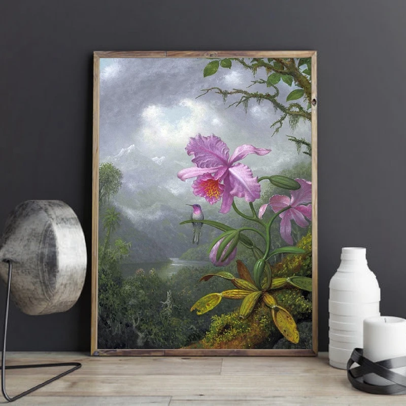 

Canvas Painting Antique Botanical Pink Orchid Rain Forest Illustration Posters Vintage Wall Art Picture Hummingbird Home Decor