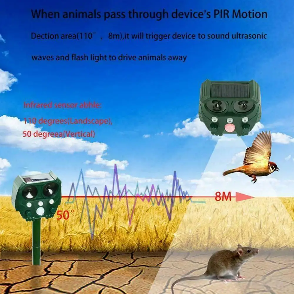 

Solar Powered Ultrasonic Pest Repeller Animal Repellent Mole Pest Snake Repellent Mouse Garden Bird Mosquito Outdoor Contro G1O8