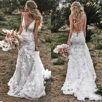 vintage mermaid spaghetti wedding dress v neck backless lace appliques 3d flowers elegant bride gown with train