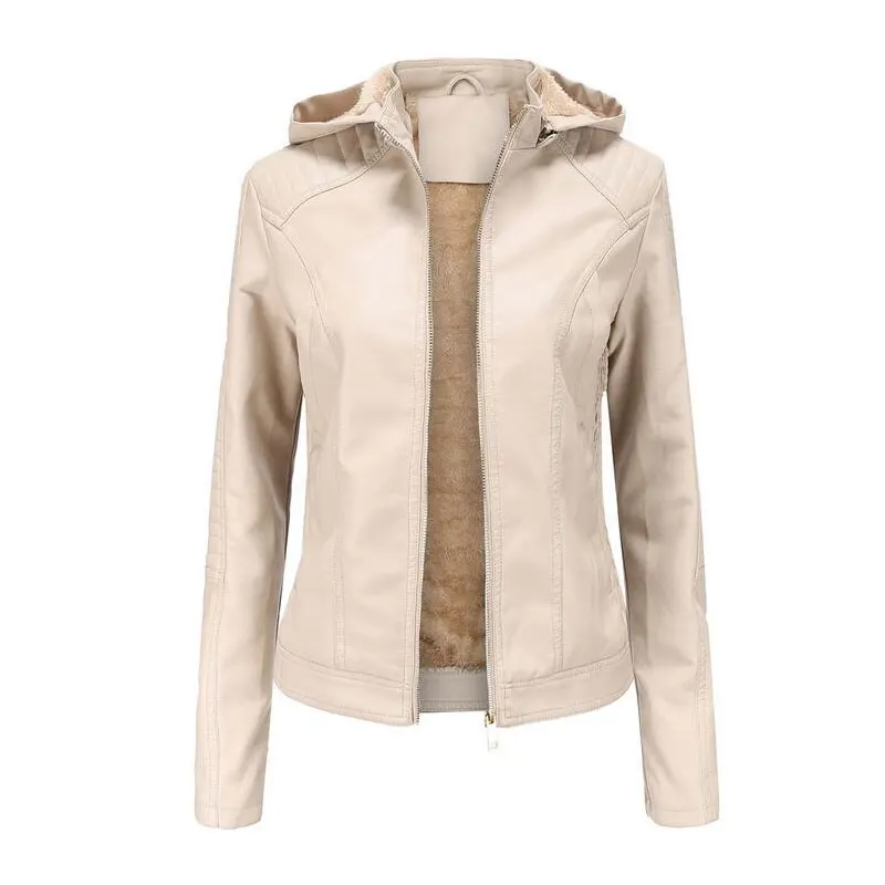

2020 Autumn Winter Motorcycle Jacket Women Hooded Warm Pu Leather Jacket Biker Plus Velvet Zipper Leather Coat Female Black