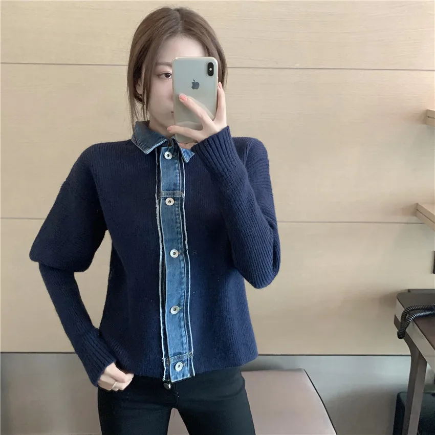 2021 New Autumn Winter Korean Fashion Denim Patchwork Cardigan Women Puff Sleeve Designer Brand Cardigans Mujer Coat Pull Femme |