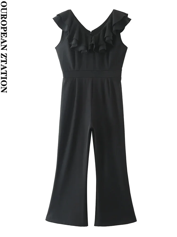 

Women 2022 za fashion new with ruffles soft touch jumpsuits vintage sleeveless back zipper female playsuits mujer