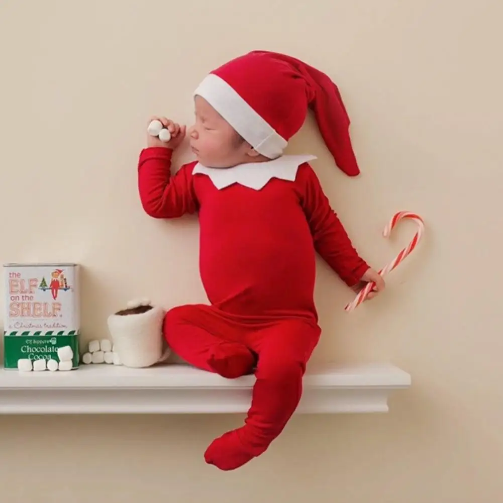 

1 Set Infant Bodysuit Christmas Series Appearance Cosplay Soft Texture Footed Baby Romper Hat Photography Costume Kit for Festiv