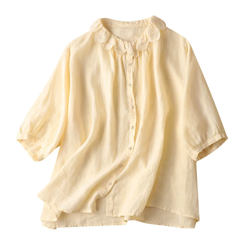 

SHUCHAN Women Shirts Blouses Oversized Ruffled Collar Young Style Broadcloth Solid 100% Linen Buttoned Shirt Single Breasted