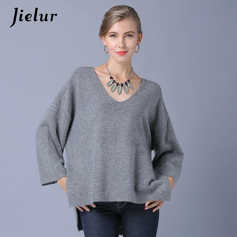 Jielur Europe Solid Color Women's Sweater Loose Split Knitted Pullovers Batwing Sleeve V-neck Simple Tops Jersey Mujer Invierno | Женская