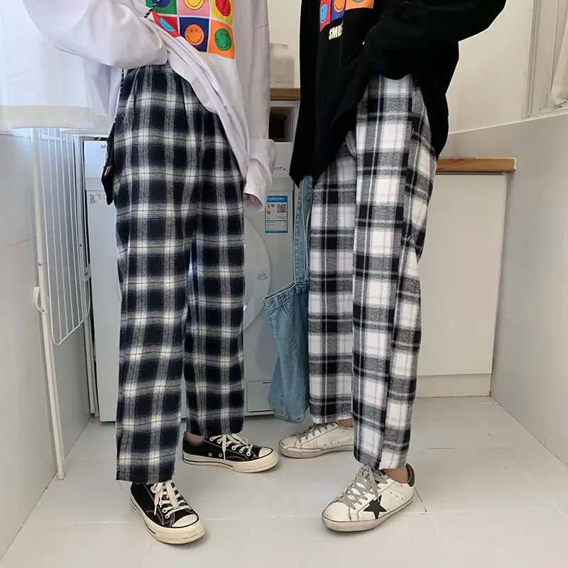 HOUZHOU Korean Fashion Black Plaid Pants Women Loose Harajuku White Checked Trousers For Female Streetwear High Waist Joggers