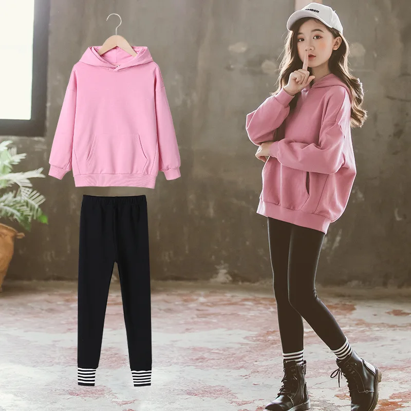 

Pink Hooded Spring Summer Children's Clothes Set Baby Girls Sweatshirts+ Pants 2pcs/Set Kids Costume Teenage Girl Clothing High
