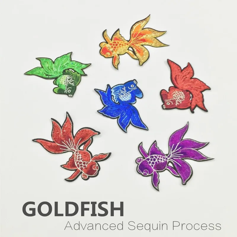

6pcs/lot Large Sequin Goldfish Embroidery Patches Animal Clothing Decoration Sewing Accessories Diy Applique