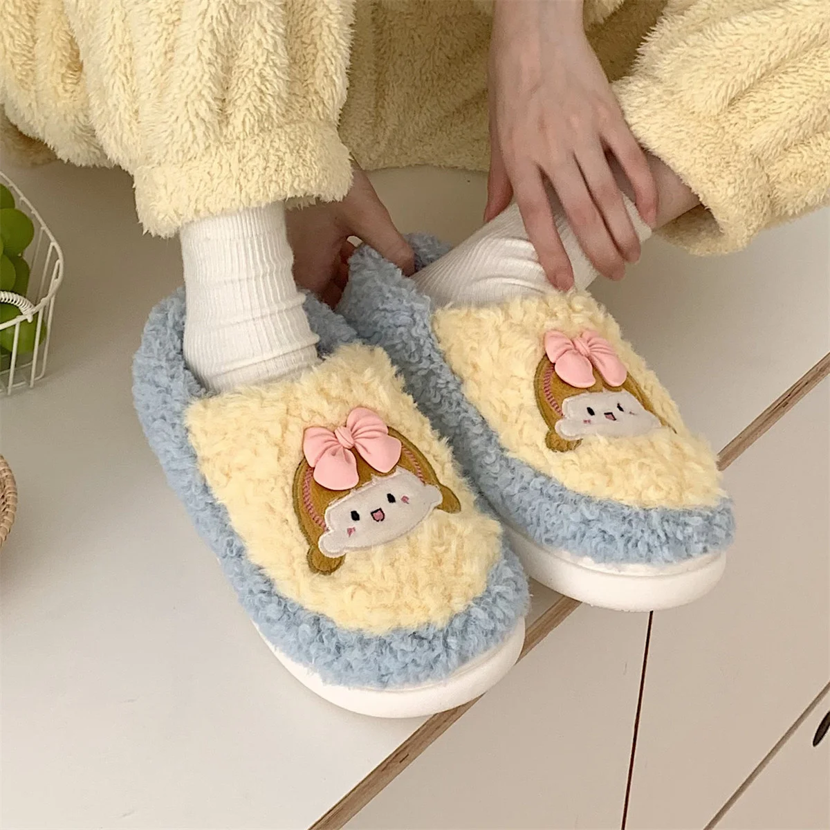 

SP&CITY Korean Cartoon Patterned Cute Winter Home Slippers Women Lovely Plush Warm Indoor Cotton Shoes Sweet Girl Furry Slippers