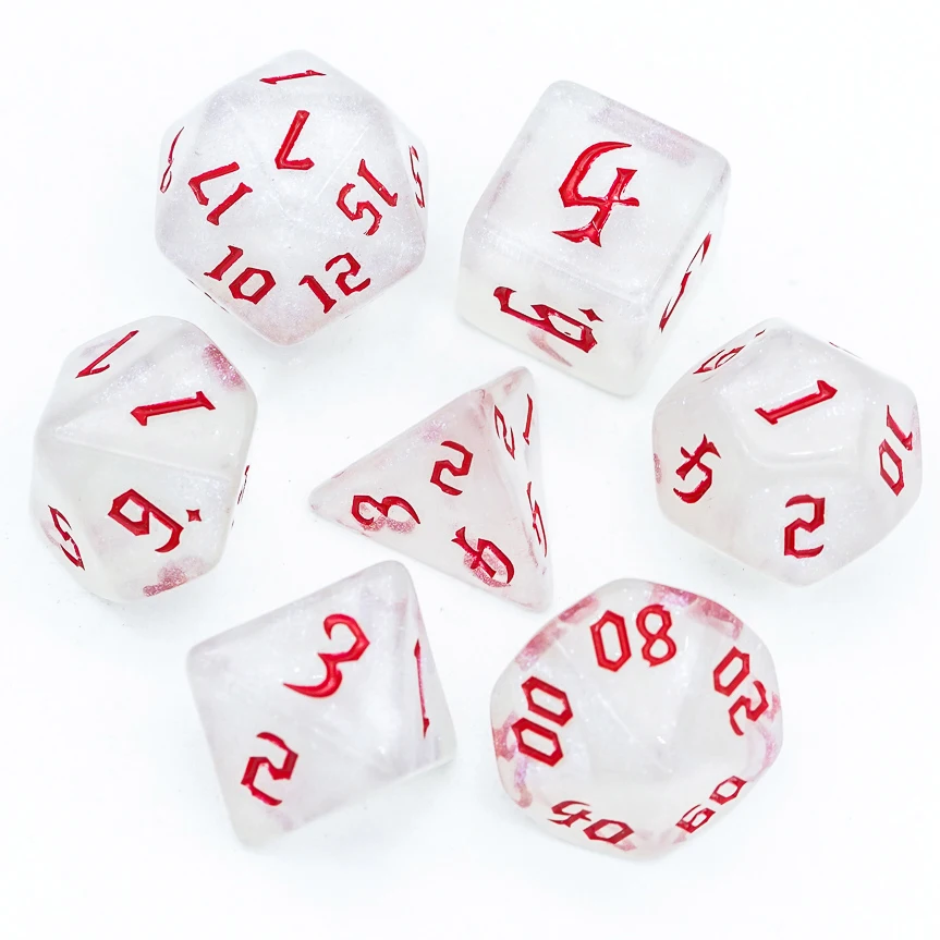 

Poludie 7Pcs/Set Red Font DND Dice Set D4 D6 D8 D10 D% D12 D20 Translucent Polyhedral Dice for Role Playing Board Game RPG D&D