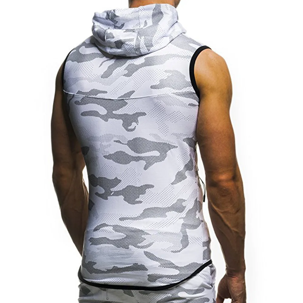 

Camouflage Gym clothing Summer 2019 Casual Sleeveless Camouflage Printed Hooded fitness clothing gym tank top men W5.23