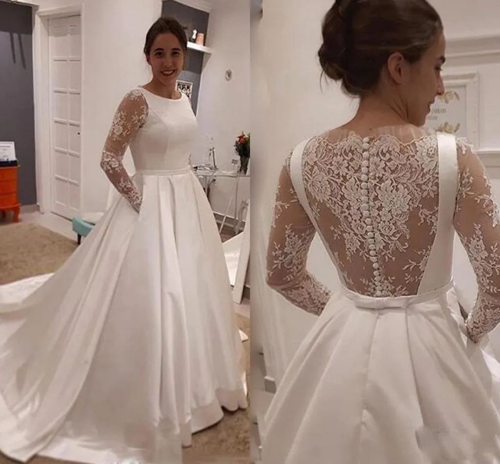 2021 новый простой сатин трапециевидной формы свадебные платья кружевная одежда с