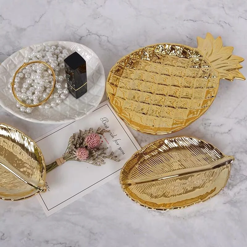 New Decorative Gold Leaf Ceramic Plate Dish Porcelain Candy Trinket Jewelry Fruit Serving Tray Storage Crockery Table | Дом и сад