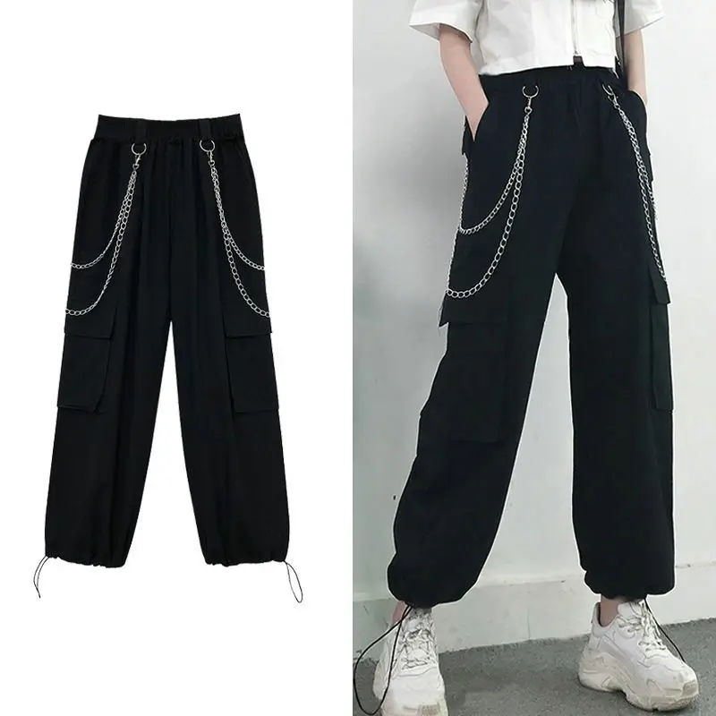 

Streetwear Cargo Pants Women Casual Joggers Black High Waist Loose Female Trousers Korean Style Ribbon Ladies Pants