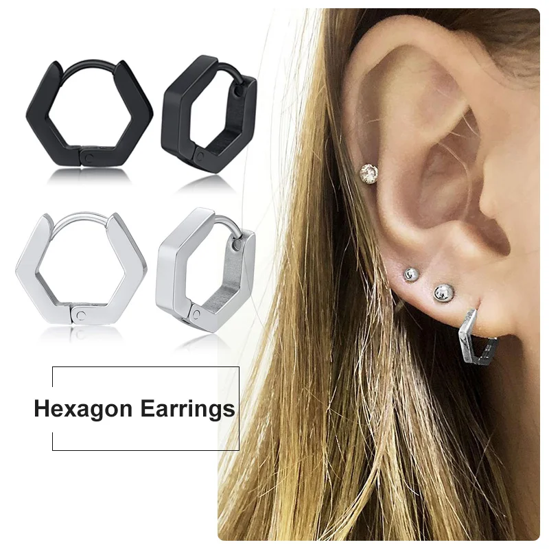 Геометрические шестигранные серьги-кольца из нержавеющей стали крошечные