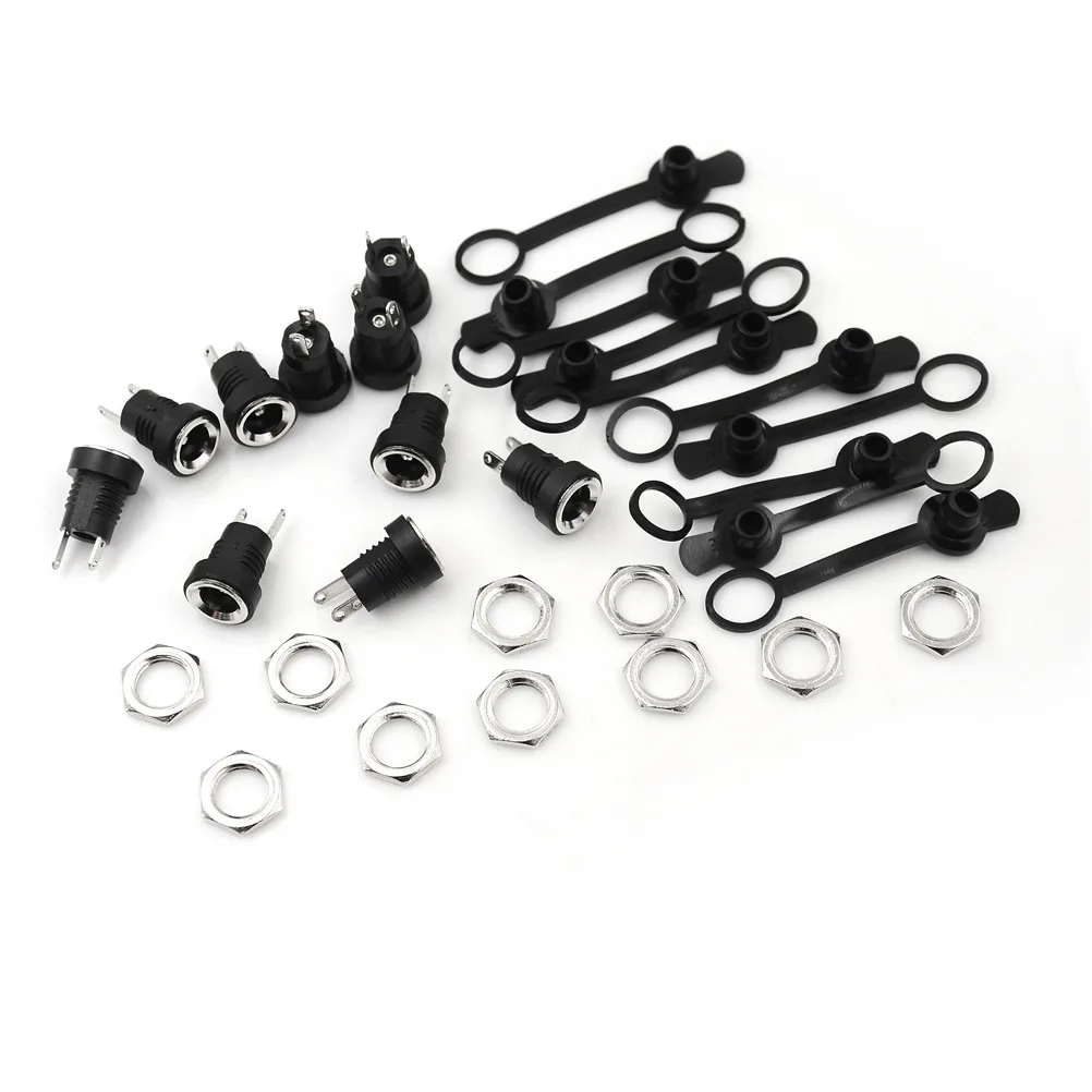 

10Pcs Female Panel Mount Connector Plug + Pcs Socket + Waterproof Cap 3 Size Black DC Power Jack Socket