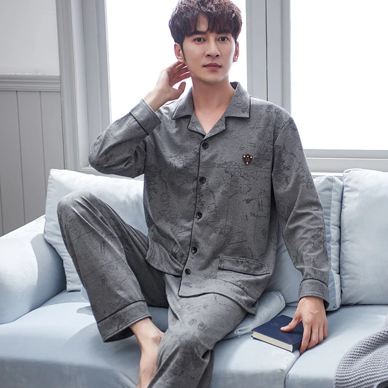 2019 зимние пижамные комплекты для мужчин хлопковый пижамный комплект с длинным