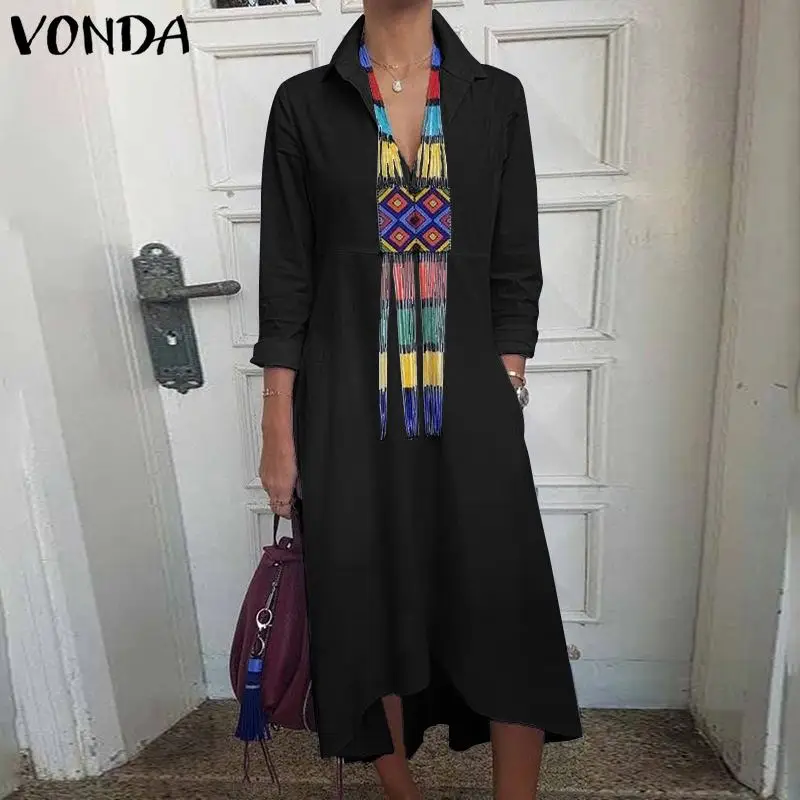 VONDA Elegant Dress Women Sundress Spring Summer Female Long Sleeve Lapel Neck Shirt Dress Long Robe Vestidos Plus Size