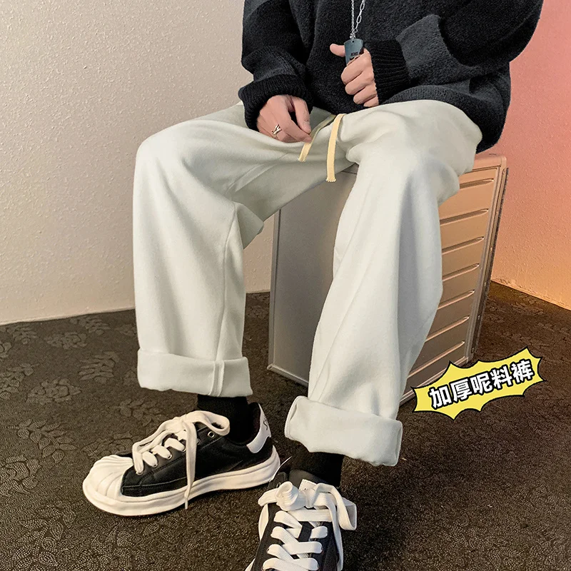 

Autumn Winter Woolen Pants Men Warm Fashion Casual Wide-leg Pants Men Streetwear Loose Hip-hop Straight Pants Mens Trousers