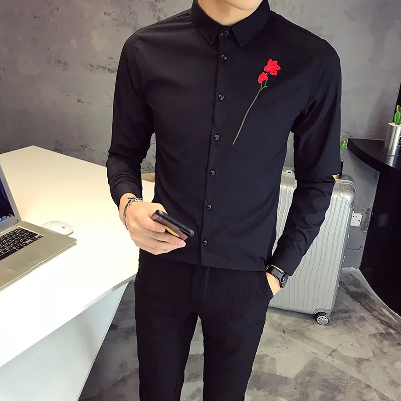 

Embroidered Flowers Shirt Men Long Sleeve Brand Camisa Masculina Slim Fit Streetwear Prom Tuxedo Night Club Party Dress Shirts