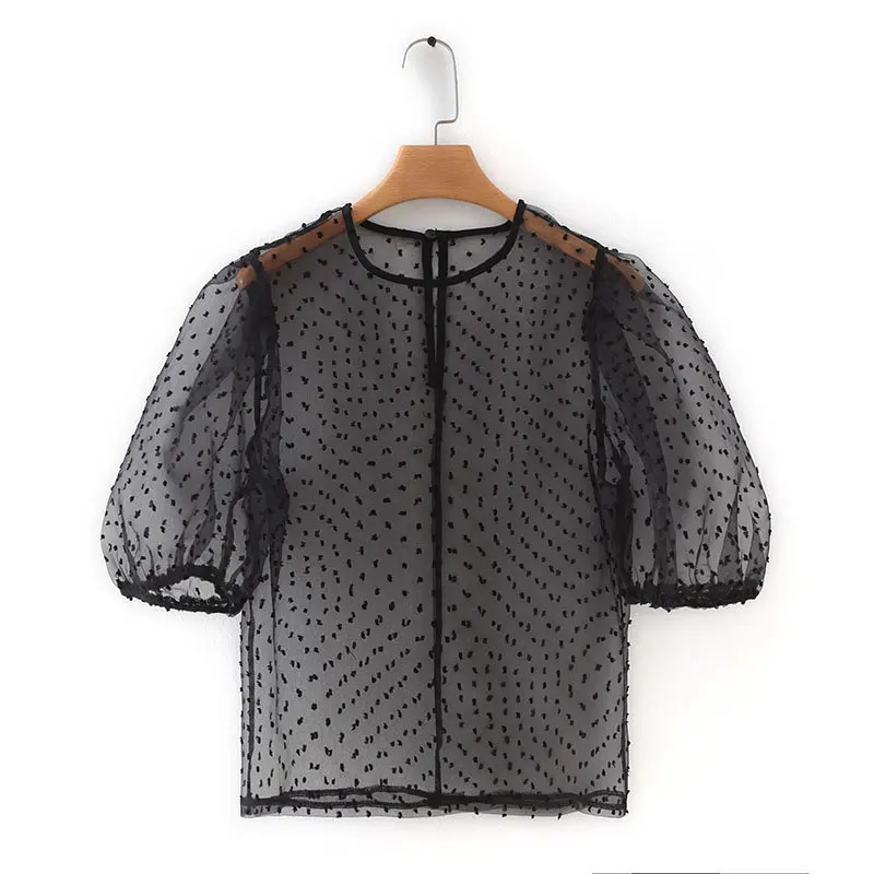 Женская Сексуальная Блузка с прозрачной сеточкой короткий рукав о образный