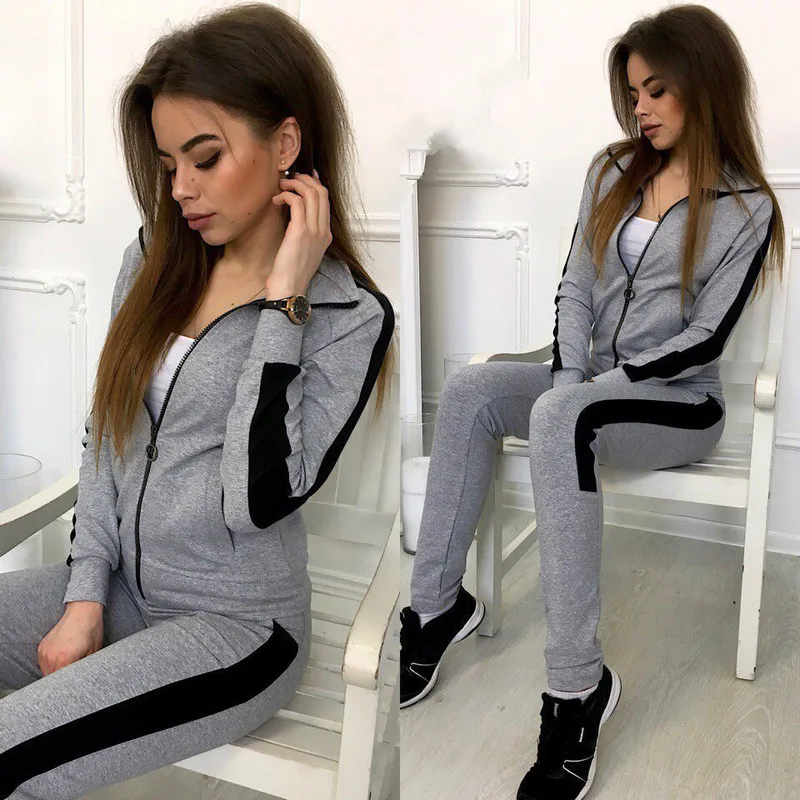 ZOGAA повседневный женский спортивный костюм осень 2019 в полоску сбоку из кусков