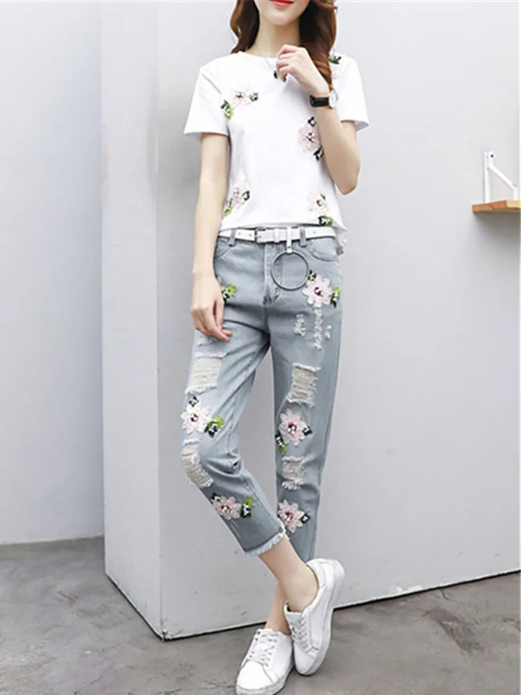 pants and T-shirt Весна-лето, женские рваные джинсы, свободные, с дырками, с цветочной вышивкой, с бисером, джинсовые штаны, до щиколотки, с заусенцами, женские шаровары - Цвет: pants and T-shirt